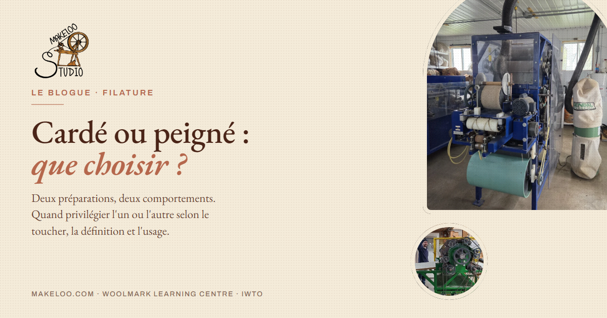 Couverture de l'article « Cardé ou peigné » — ligne de filage et ligne de cardage de la filature Makeloo à Lavaltrie.