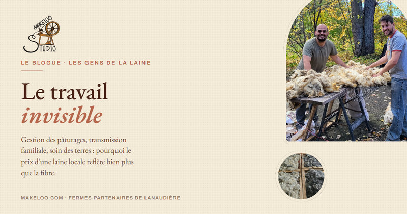 Couverture de l'article « Le travail invisible des éleveurs » — Marcelo Martins et Patrice Blanchet trient une toison brute, fermes partenaires de Lanaudière, Makeloo Studio.