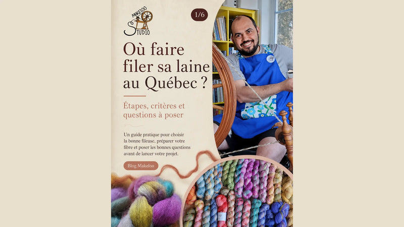 Couverture de l'article « Où faire filer sa laine au Québec ? Étapes, critères et questions à poser » — Marcelo Martins au rouet à l'atelier Makeloo et écheveaux teints à la main.