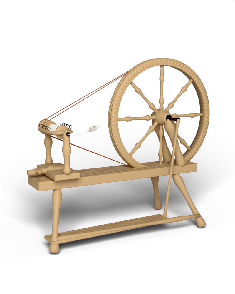 Modèle 3D animé d'un rouet à ailette en bois : la grande roue tourne et entraîne l'ailette et la bobine.